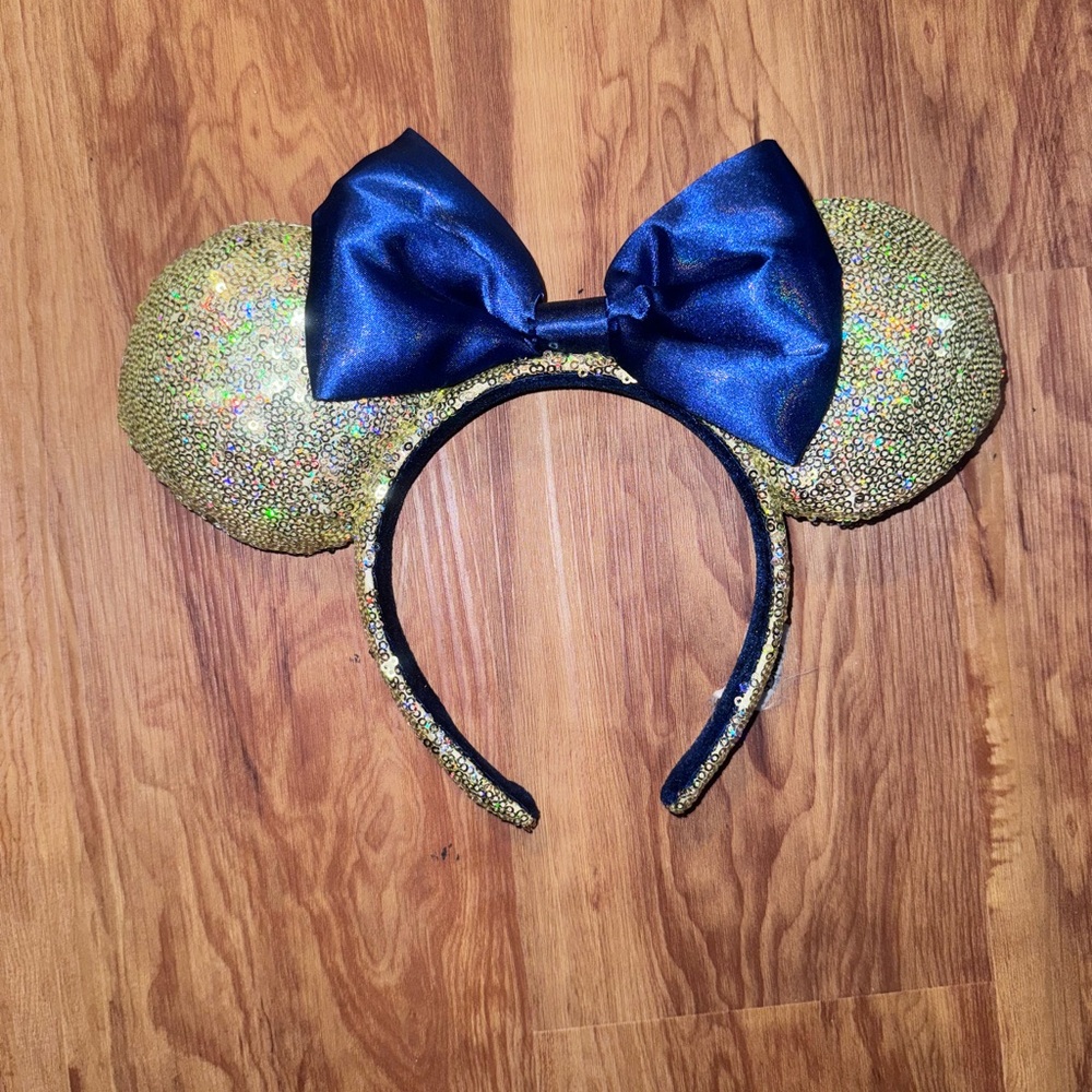 Disney Parks Minnie Mouse 50th Anniversary Gold Sequin Blue Bow Ears Headband Sh